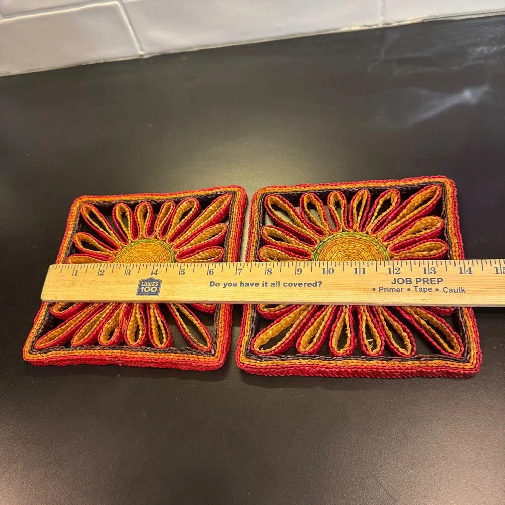 Vintage Sunflower Raffia Trivets Set of 2 Red Yellow 7in Woven Boho Decor
